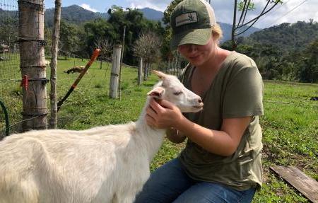 A study abroad student petting a goat in a green field