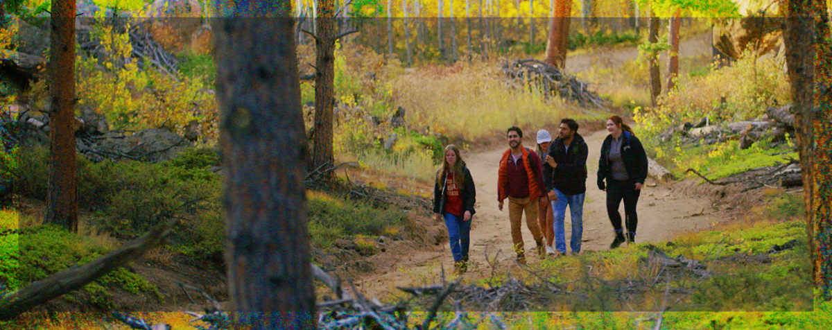 group of five students on hiking trail